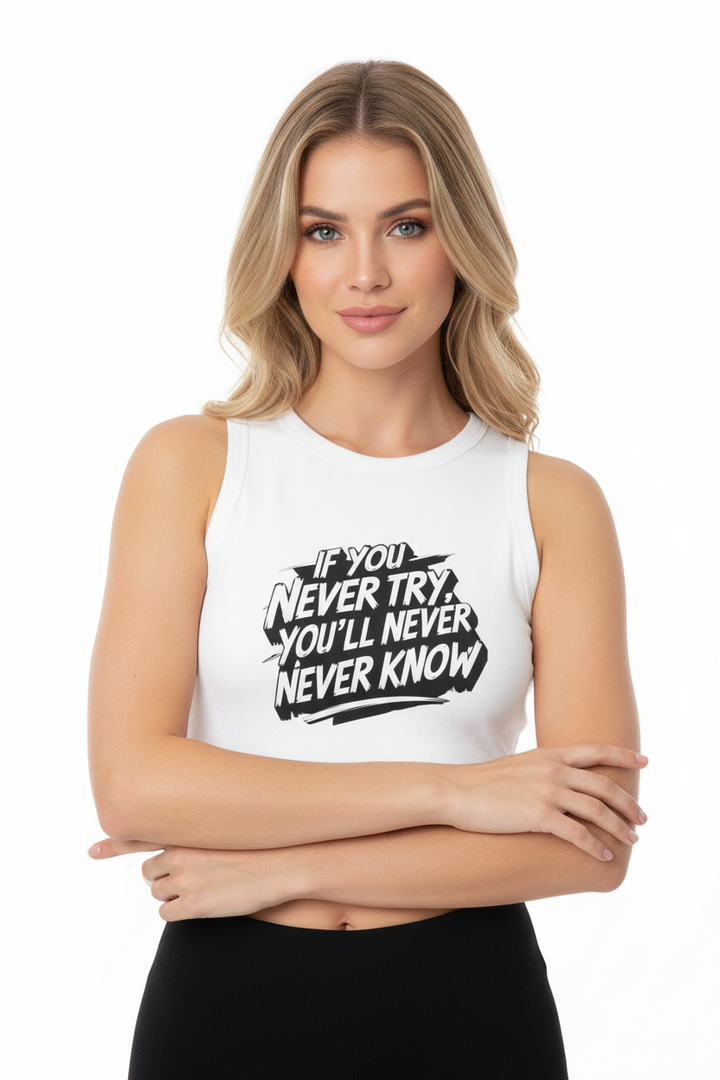 Women’s inspirational workout tank folded flat on a neutral background