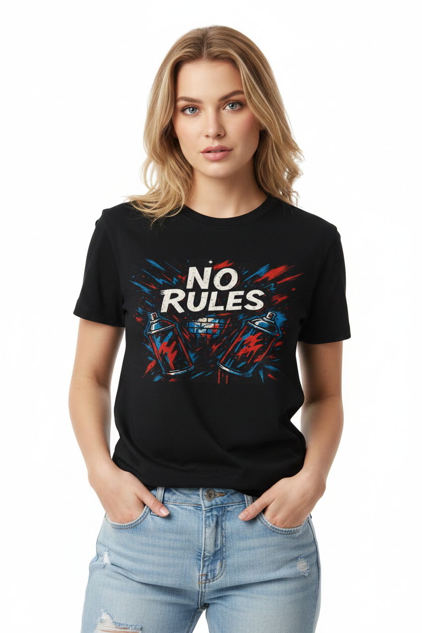 Flat lay of the unisex graphic tee styled with denim and sneakers
