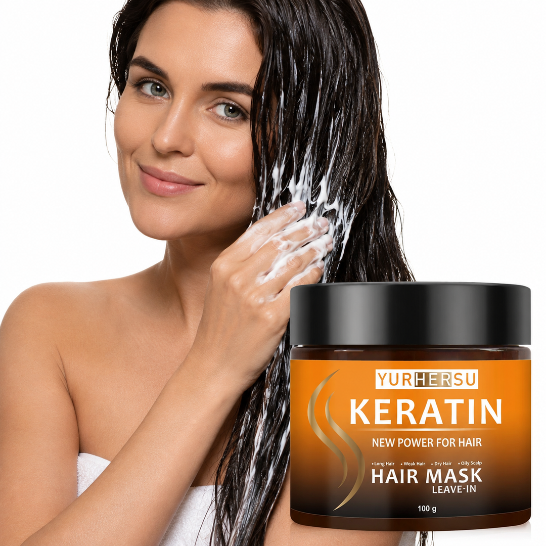 Keratin leave-in hair mask applied to wet dark hair with 100 g jar on white background