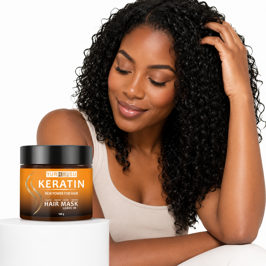 Black woman holding 100 g keratin leave-in hair mask beside defined glossy curls