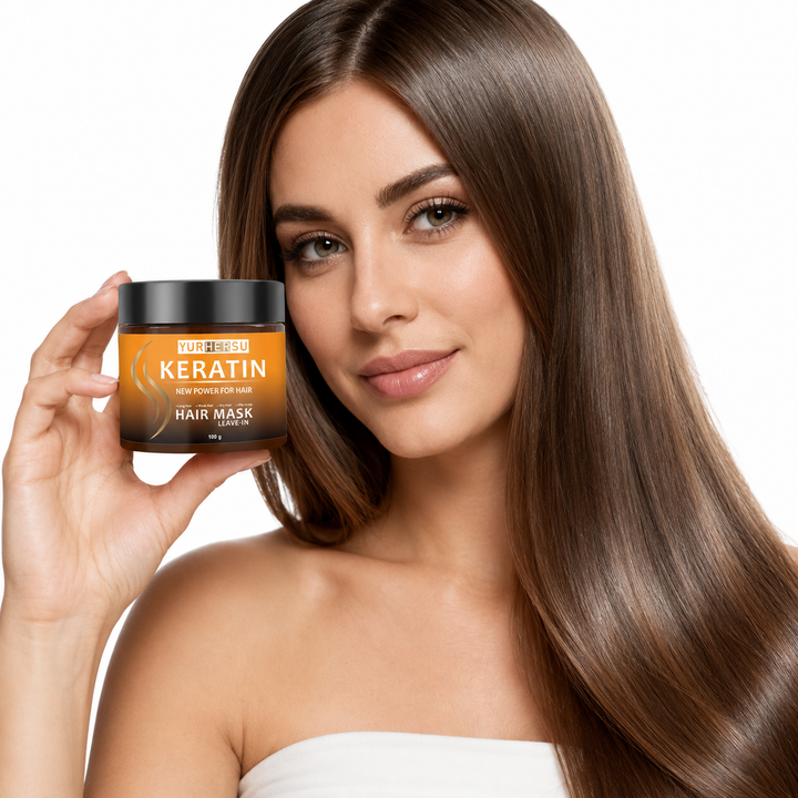 Woman holding 100 g keratin leave-in hair mask beside long smooth brown hair