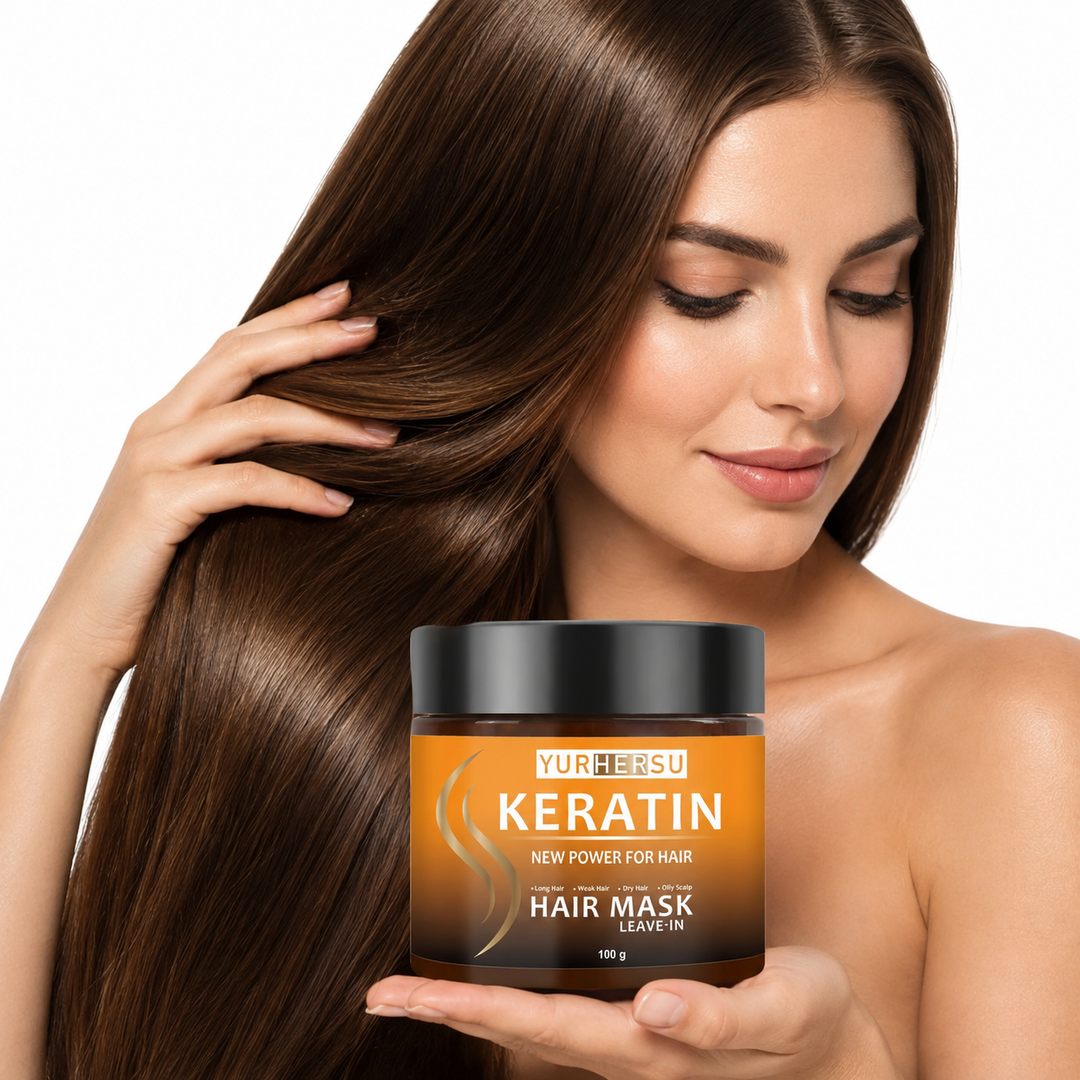 Woman presenting 100 g keratin leave-in hair mask with long shiny hair on white background