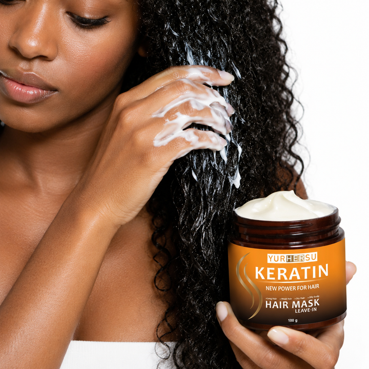 Open keratin leave-in hair mask applied through wet curly hair on white studio background