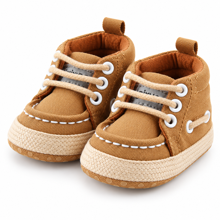 Khaki baby canvas crib shoes three-quarter product view