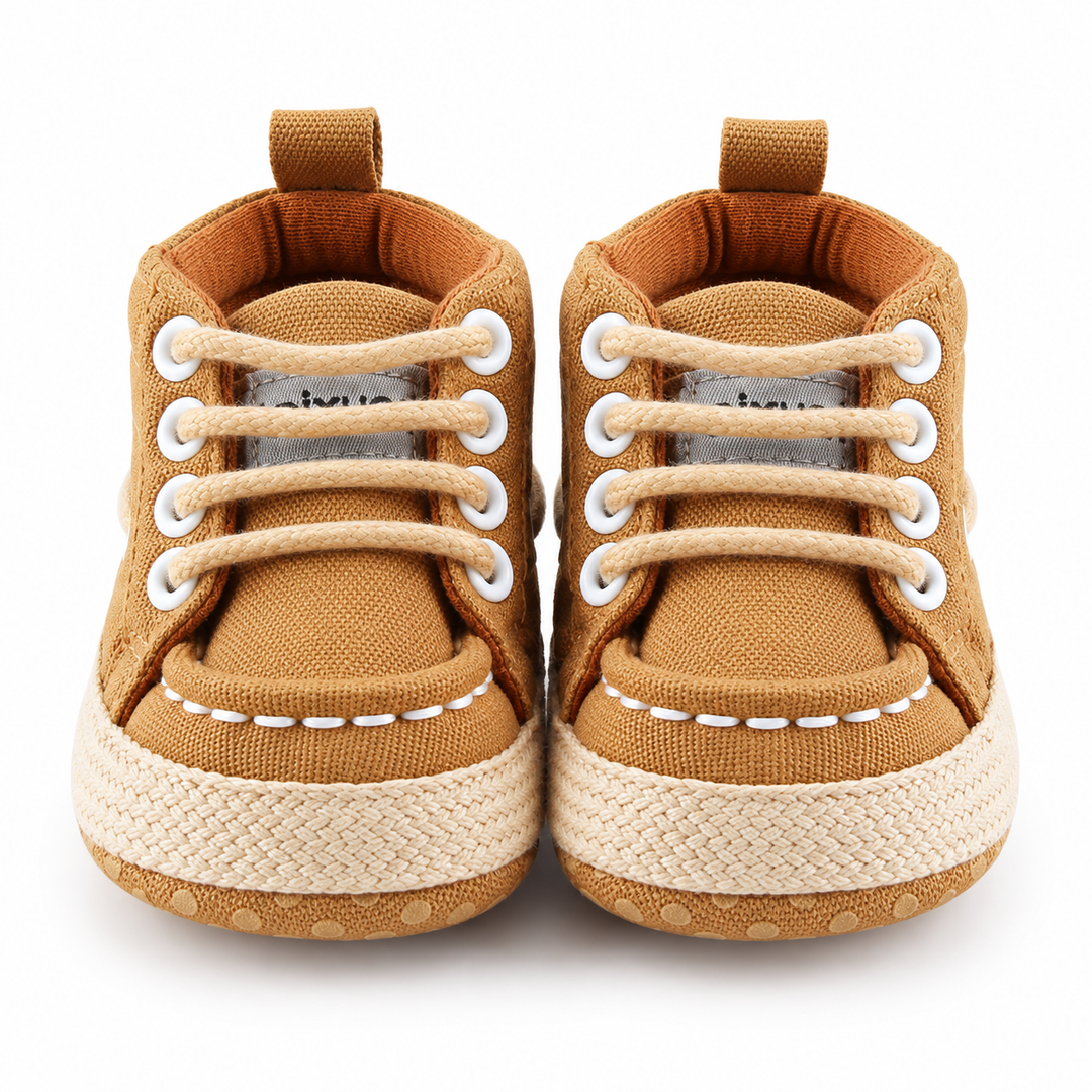Khaki baby canvas crib shoes front view with lace-up design