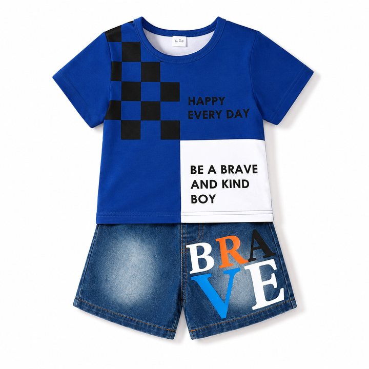 Kids navy two-piece outfit with graphic tee and denim shorts shown on white background for a clear front product view.