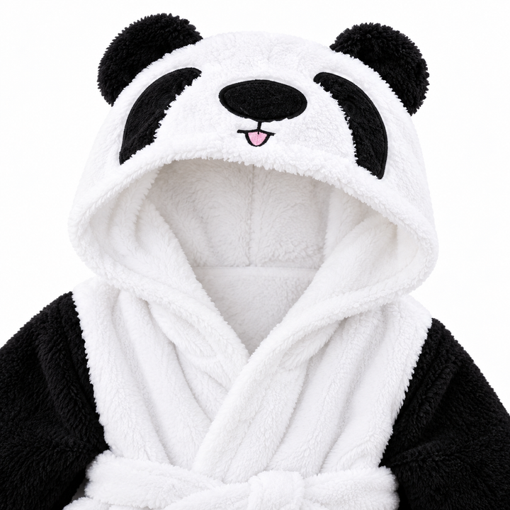 Close-up of the panda animal hooded bathrobe showing the black and white hood details, wrap front and textured cotton surface.
