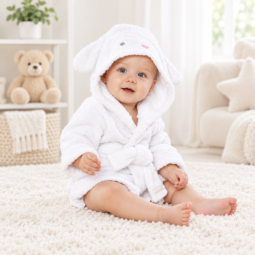 Seated child wearing a white animal hooded kids bathrobe, showing the long ears, wrap front and waist belt in a bright home setting.