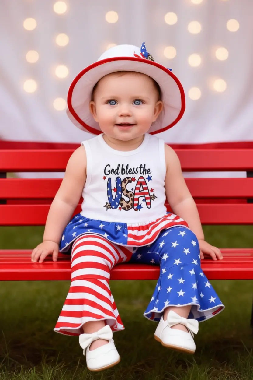 Kids Patriotic Outfit Set- Ruffled 3-Piece Set With Hat