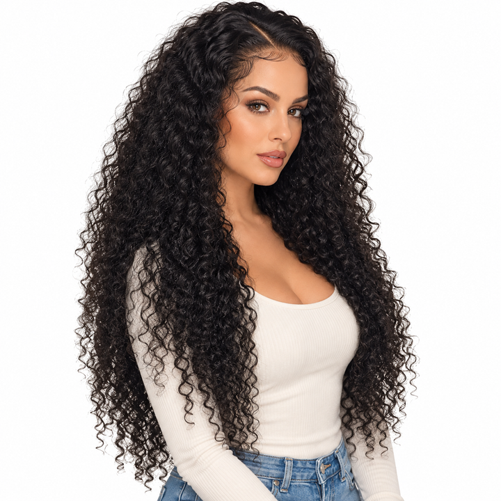 Kinky curly wig in natural black on an adult woman showing the lace front, defined curls and hair ends on the white backdrop.