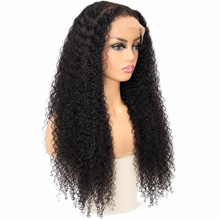 Natural 1B kinky curly wig displayed on a single ivory mannequin showing the lace edge and full curl silhouette on pure white
