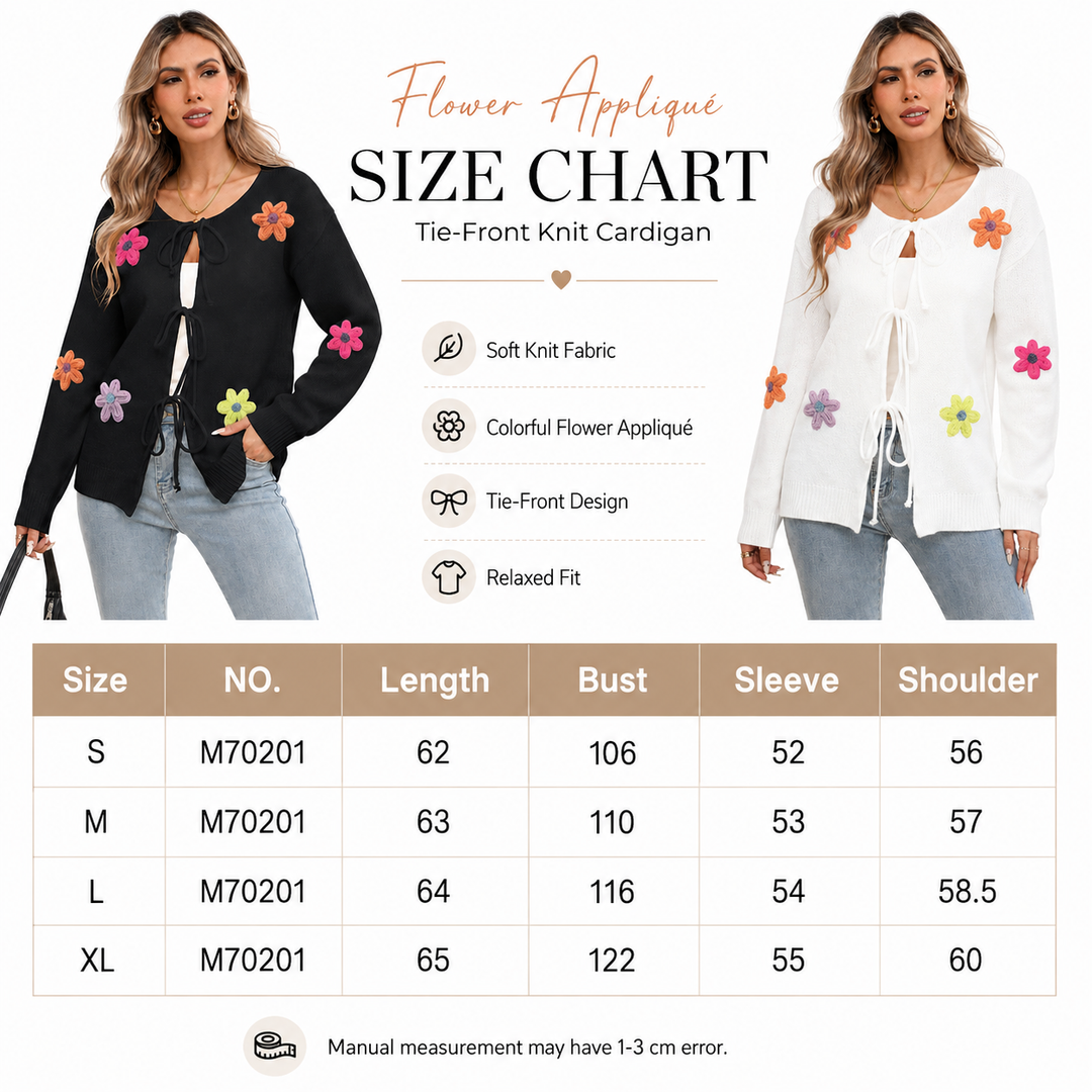 Floral tie-front knit cardigan size chart with Black and White variants, sizes S to XL, length, bust, sleeve and shoulder.
