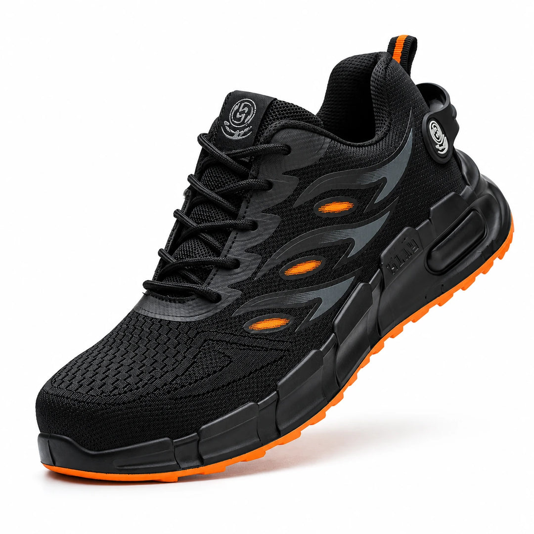 Black Style 2 shoe with orange side accents and orange outsole trim on white.