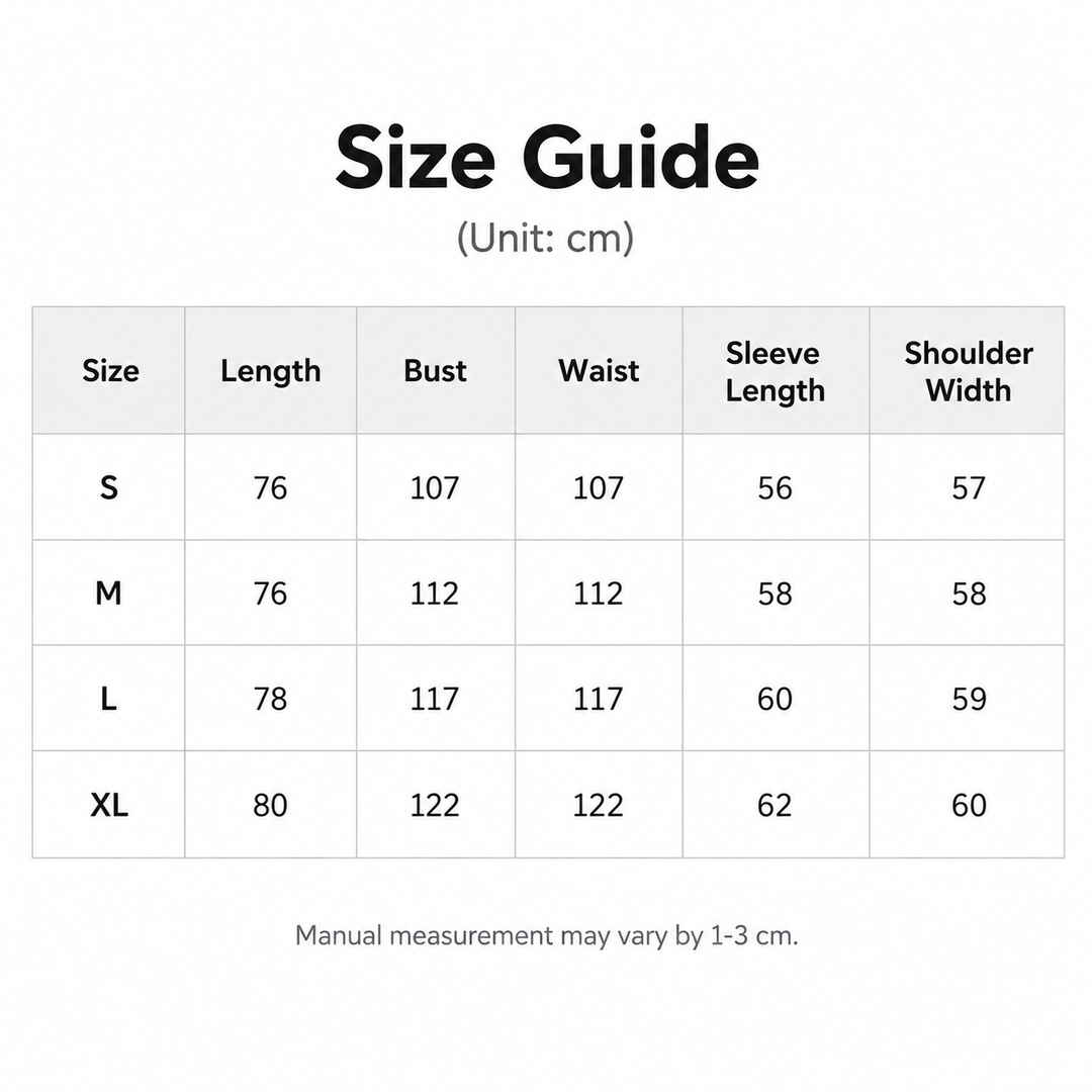 Size guide for knitted sweater dress with verified S, M, L and XL product measurements in centimeters.
