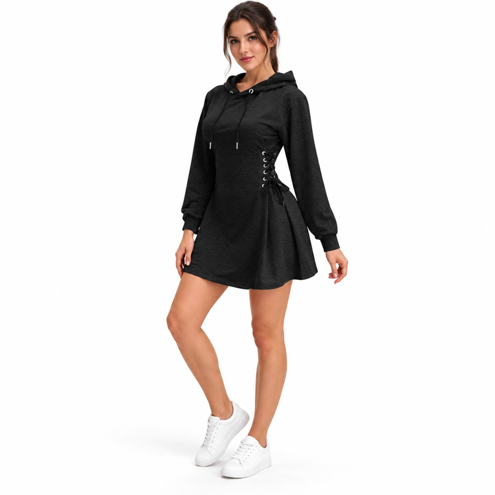 Lace-up sweatshirt dress in black on a model, full-length front studio view