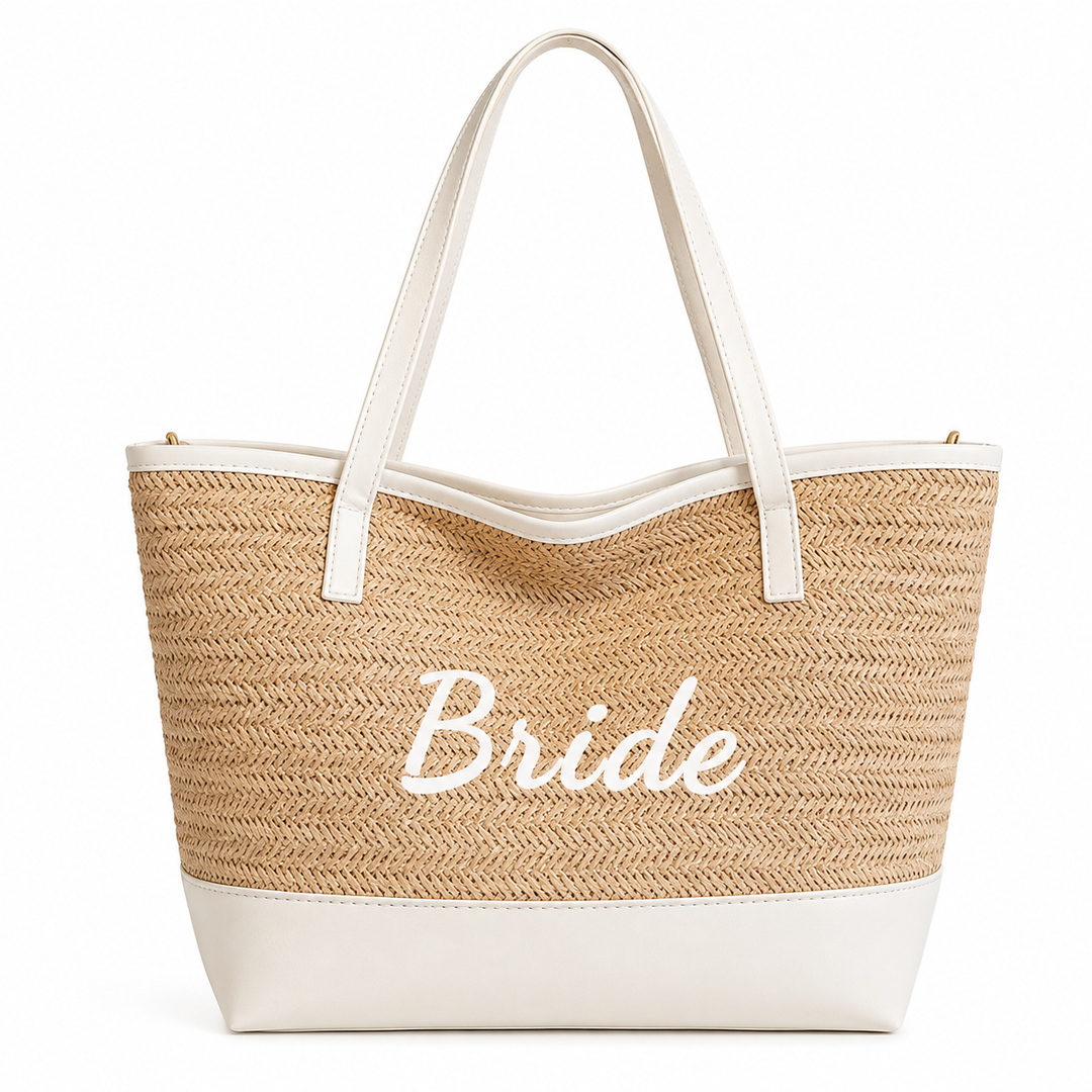 Bride woven beach tote bag in light khaki with white trim and long handles on a clean white studio background