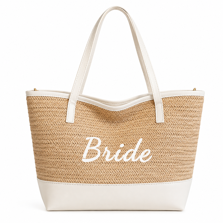Bride woven beach tote bag in light khaki with white trim and long handles on a clean white studio background