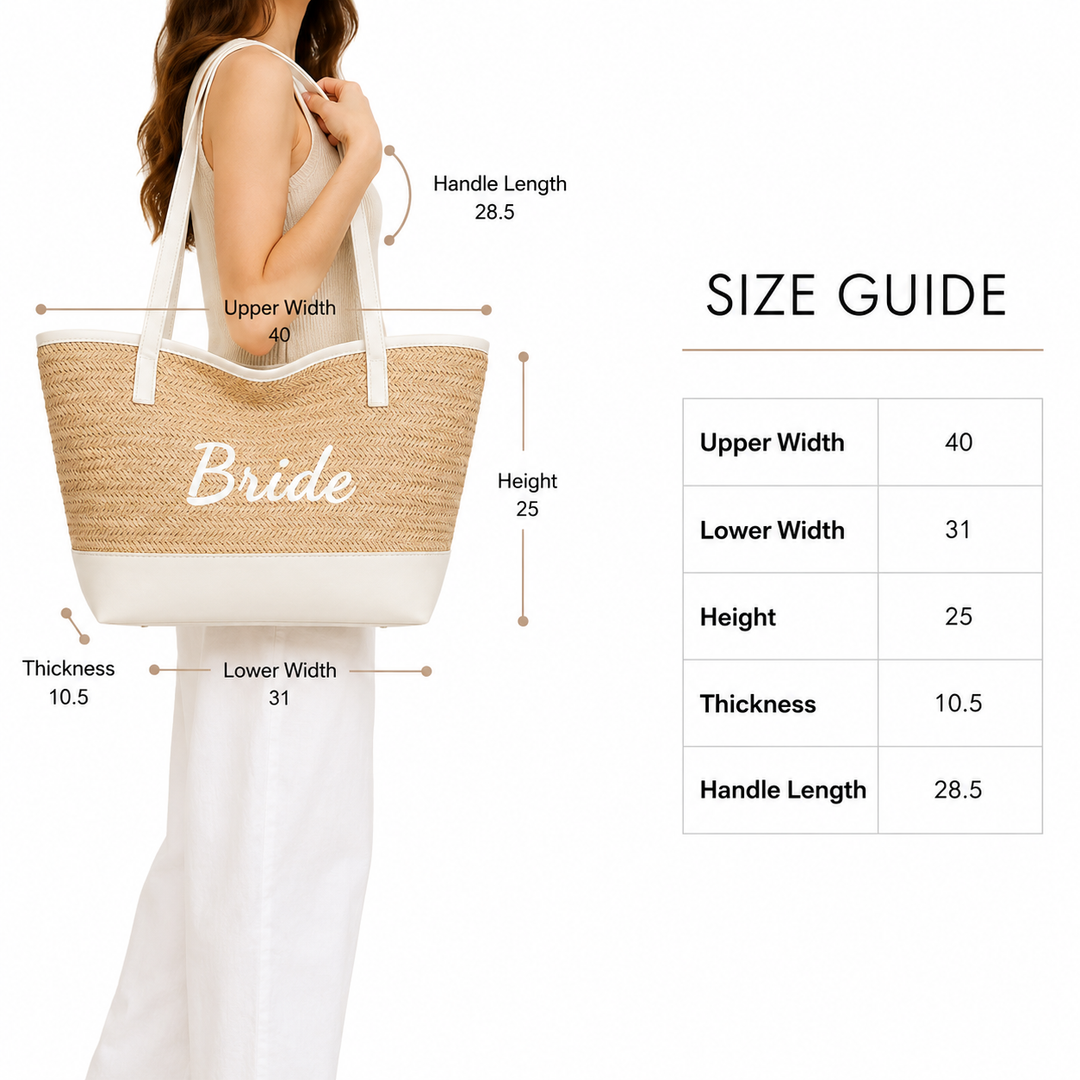 Size guide for Bride woven tote showing upper width 40, lower width 31, height 25, thickness 10.5 and handle length 28.5