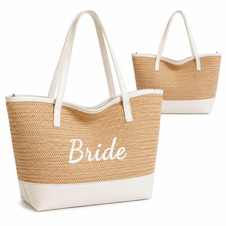 Single light khaki Bride woven tote design presented from multiple clean product angles on a white background