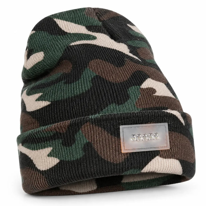 LED beanie hat shown in a clean studio front view with folded cuff, ribbed knit texture and transparent five-light panel unit