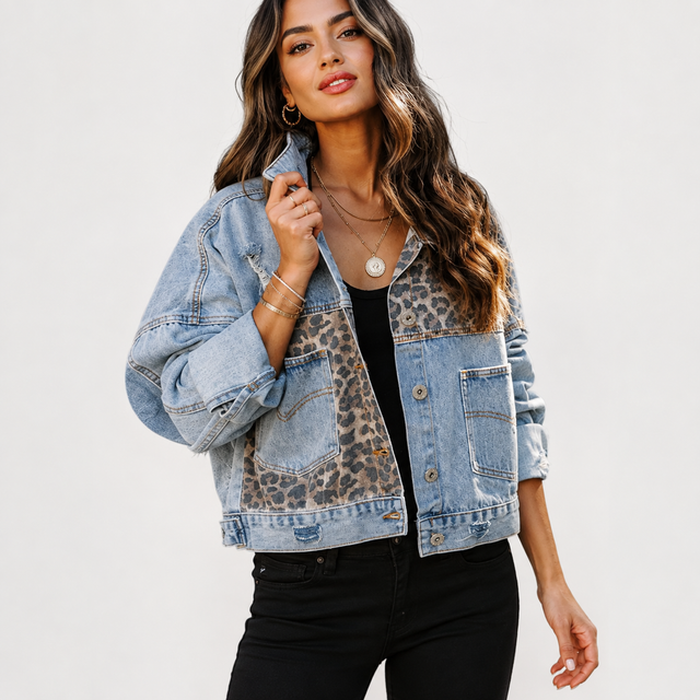 Women's Leopard Distressed Drop-Shoulder Jacket campaign front view