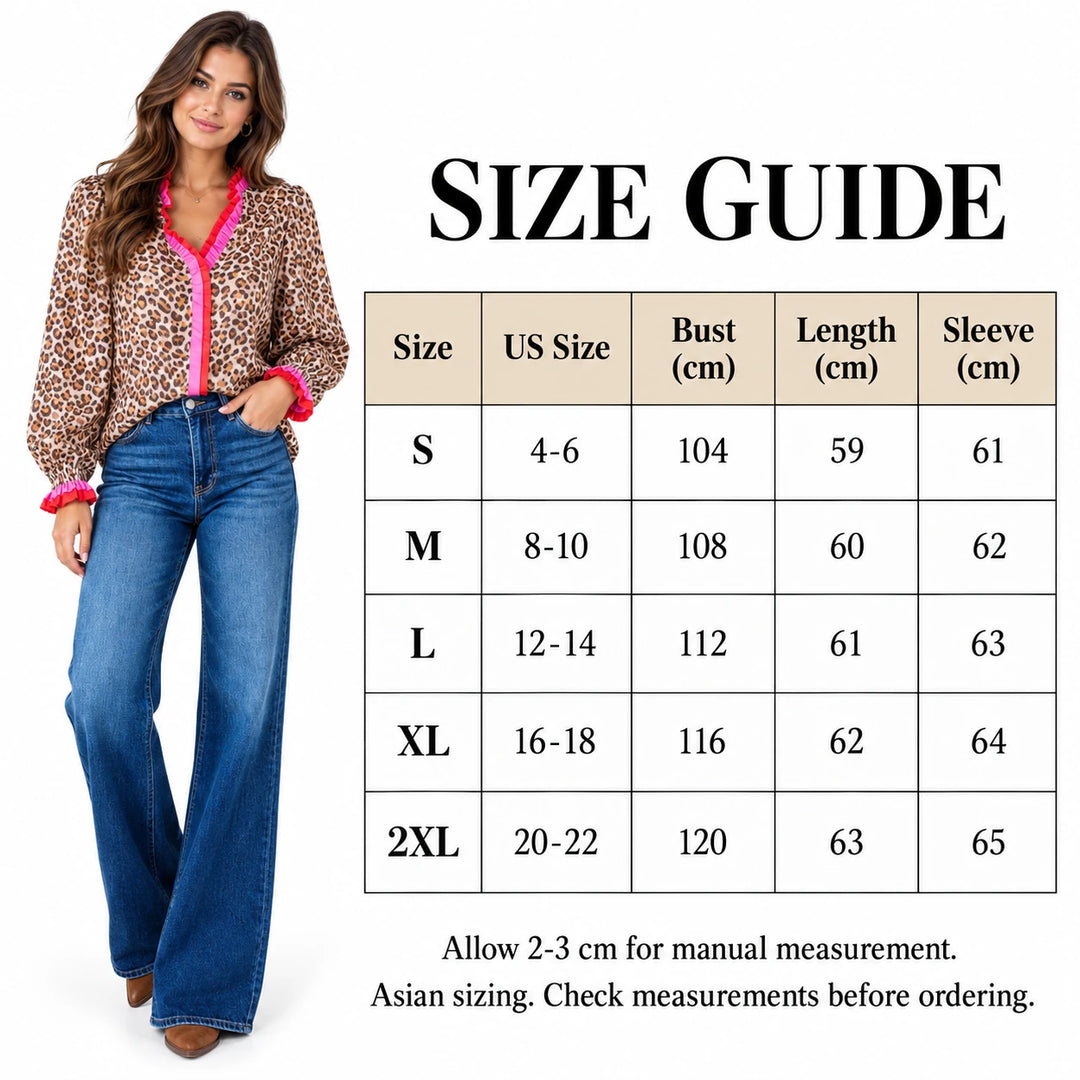 Size guide for S to 2XL with US sizes, bust, length and sleeve measurements in cm beside a model in pink trim leopard blouse.
