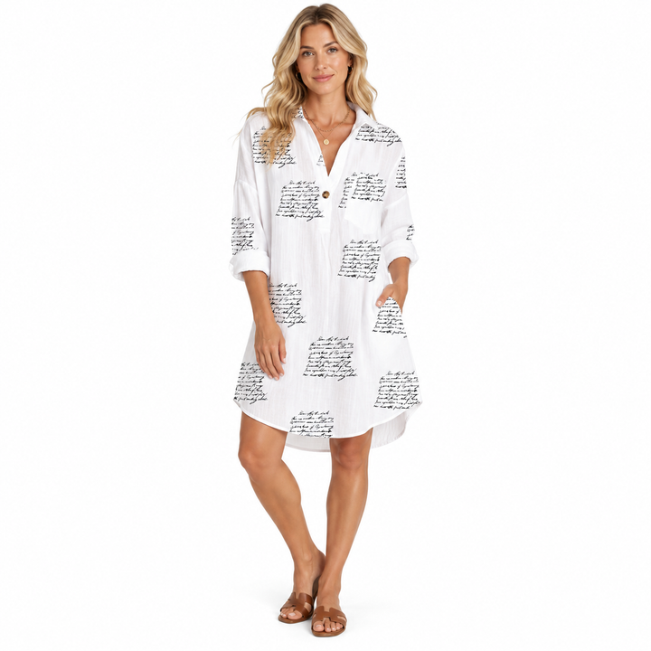 Letter Print Dress on model, full-body front view in white with black script print, rolled sleeves and simple flat sandals