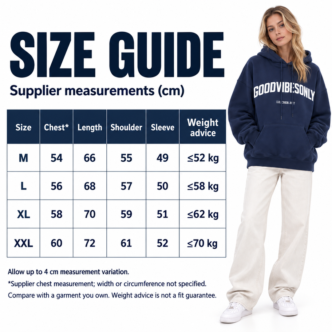 English hoodie size chart for M, L, XL and XXL, showing supplier measurements and weight advice beside a blonde model in navy