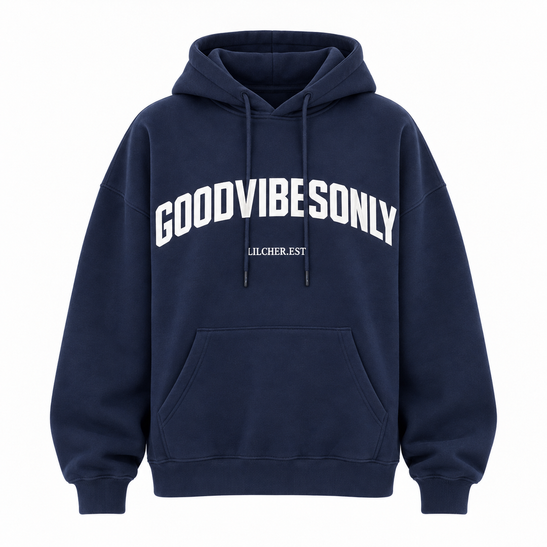 Navy blue letter print hoodie shown from front, with white chest lettering, a drawstring hood and a kangaroo pocket on white.