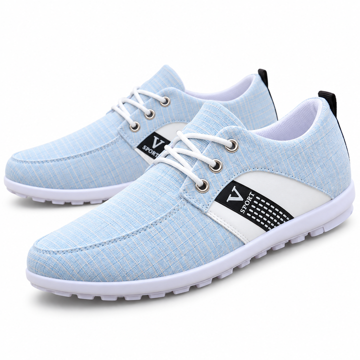 Light blue lace-up shoe with V Sport side panel and white low-profile outsole