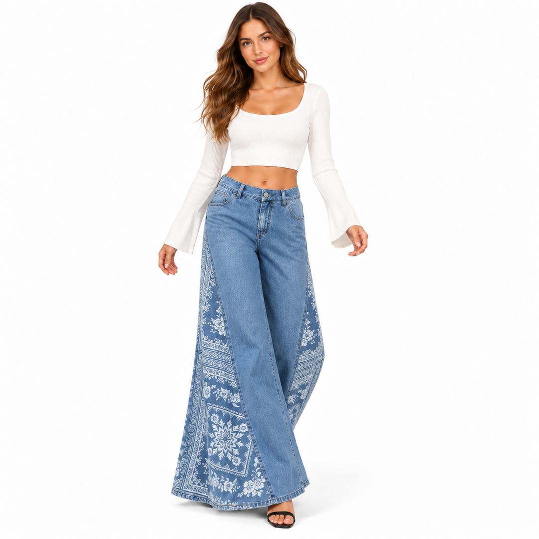 Light blue wide leg pants shown in a natural full-body walking pose