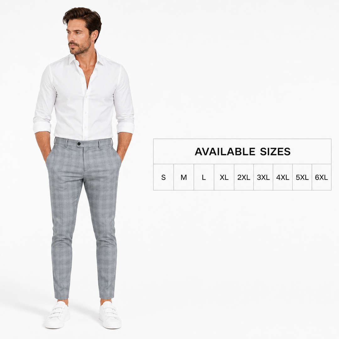 Light grey plaid trousers on an adult male model beside an available size table listing S, M, L, XL, 2XL, 3XL, 4XL, 5XL, 6XL.