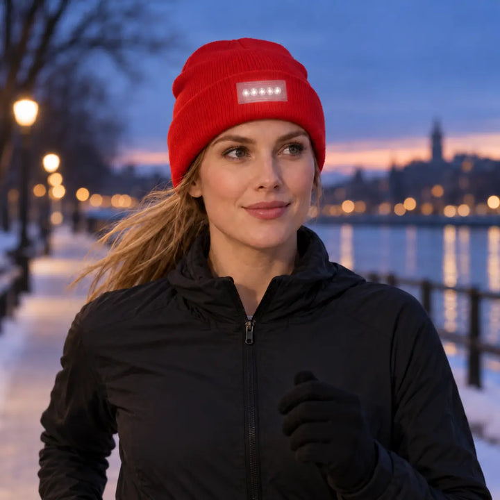 Lighted winter beanie worn by one woman during an evening jog, showing the folded cuff and illuminated five-light front panel