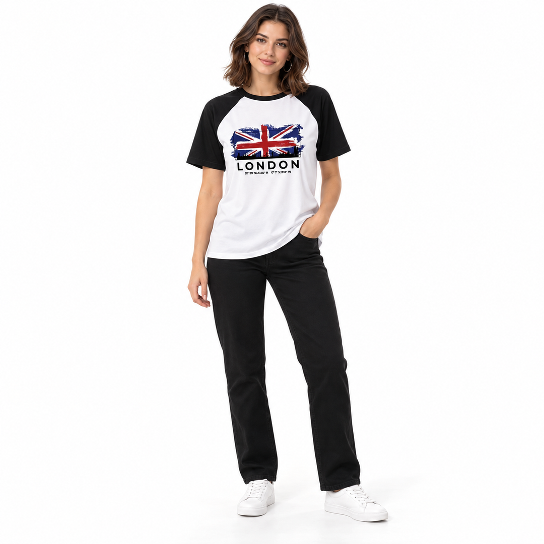 London T-shirt with white body, black sleeves and flag graphic on a model