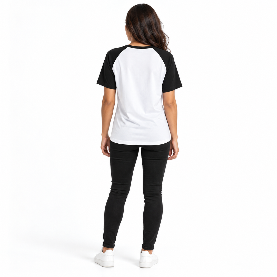 Rear view of the tee with a plain white back and black sleeves