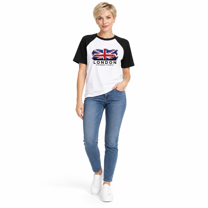 Blonde model wearing the London T-shirt with blue jeans