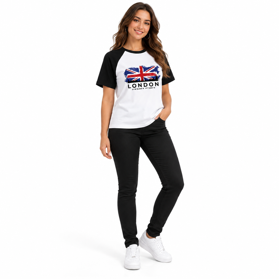 White body and black sleeves of the sold London graphic tee