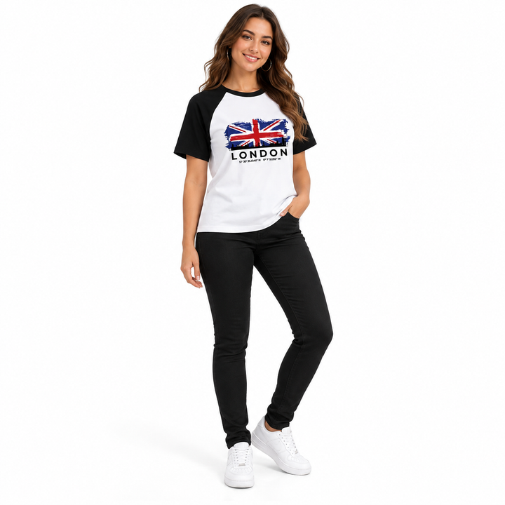 White body and black sleeves of the sold London graphic tee
