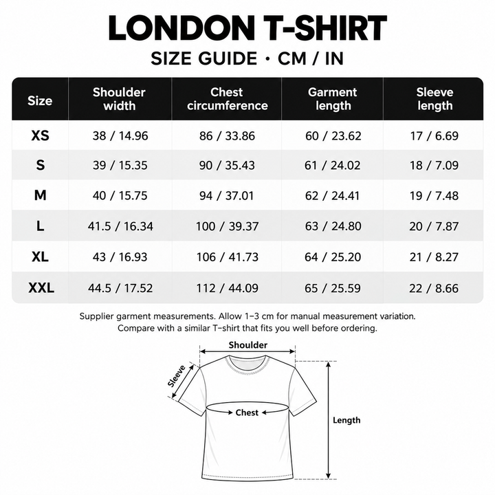 London T-shirt size chart XS–XXL with shoulder, chest, garment and sleeve measurements in cm and inches