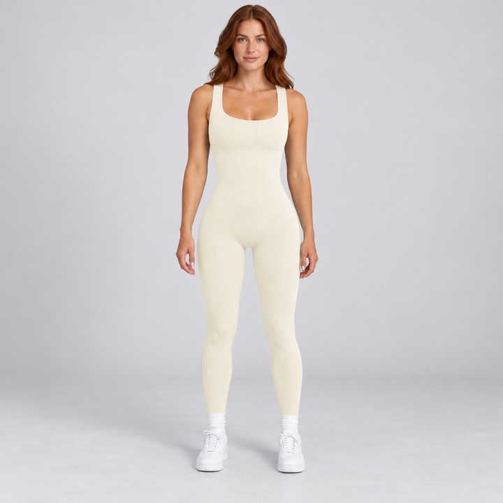 Full-body model wearing the Beige ribbed sleeveless ankle-length jumpsuit.
