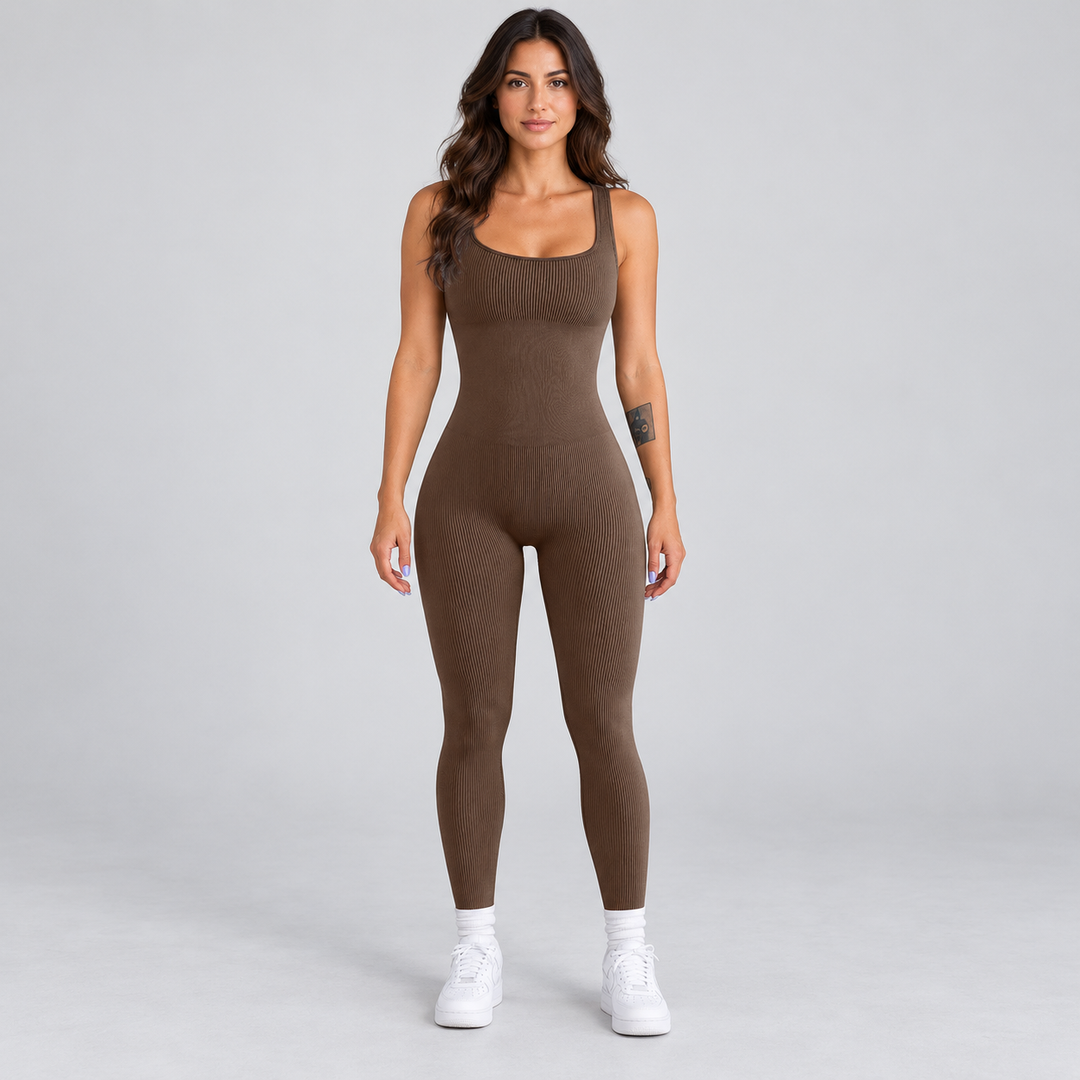 Full-body model wearing the Coffee ribbed sleeveless ankle-length jumpsuit.