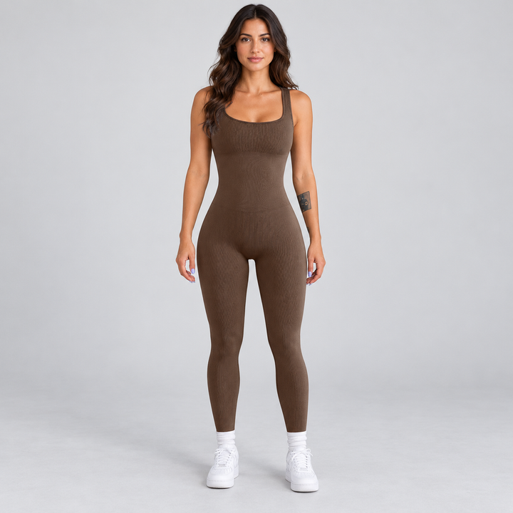 Full-body model wearing the Coffee ribbed sleeveless ankle-length jumpsuit.