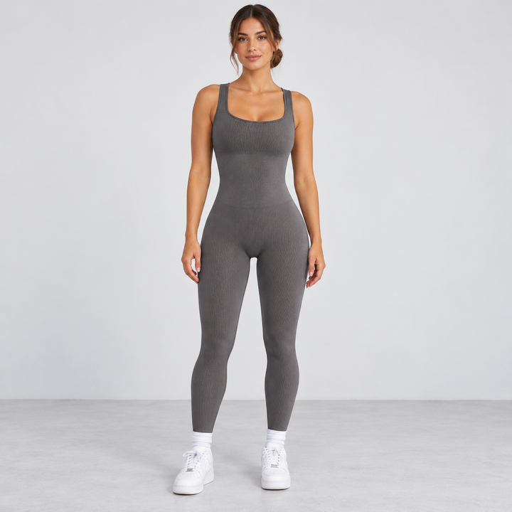 Full-body model wearing the Grey ribbed sleeveless ankle-length jumpsuit.