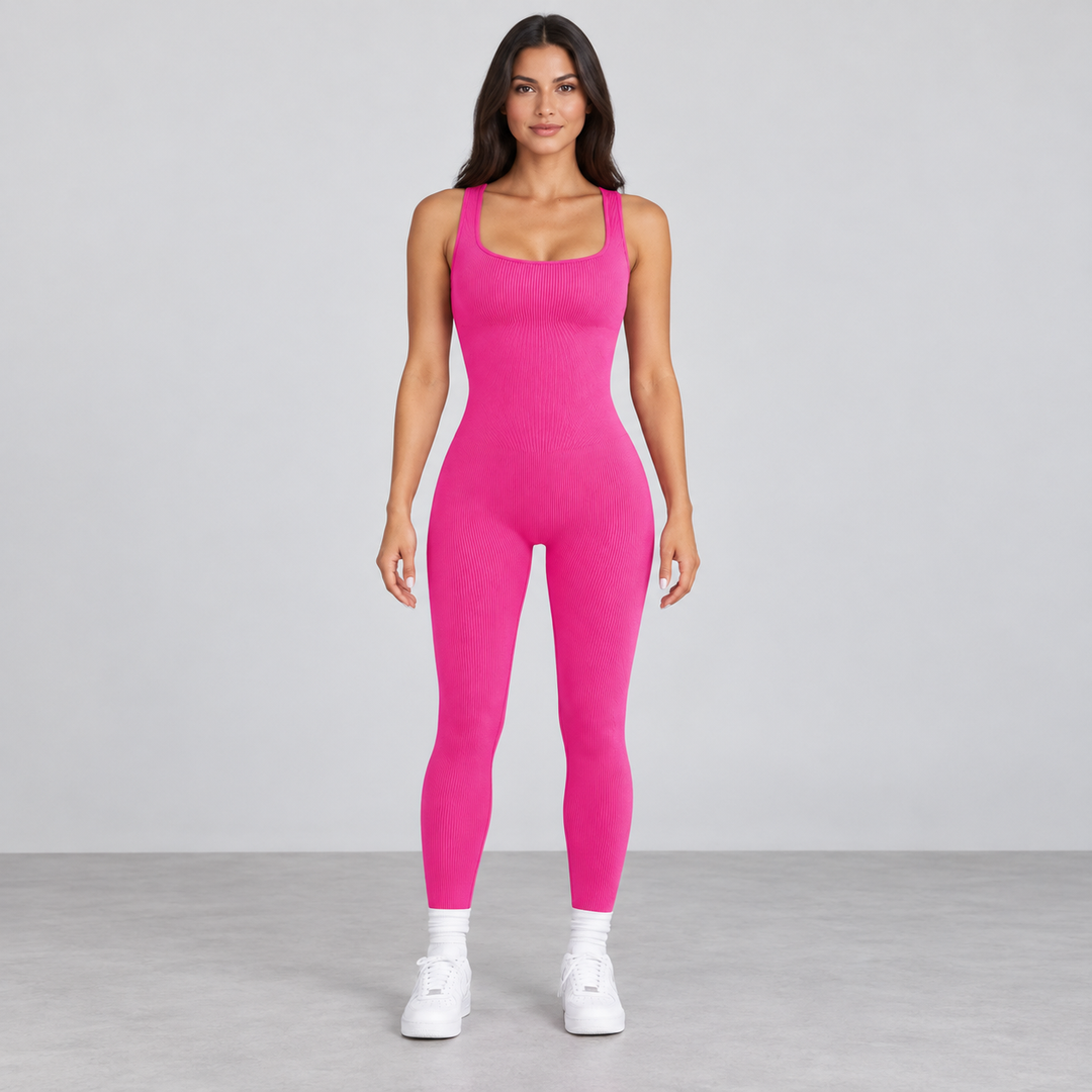Full-body model wearing the Rose Red ribbed sleeveless ankle-length jumpsuit.