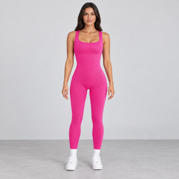 Full-body model wearing the Rose Red ribbed sleeveless ankle-length jumpsuit.