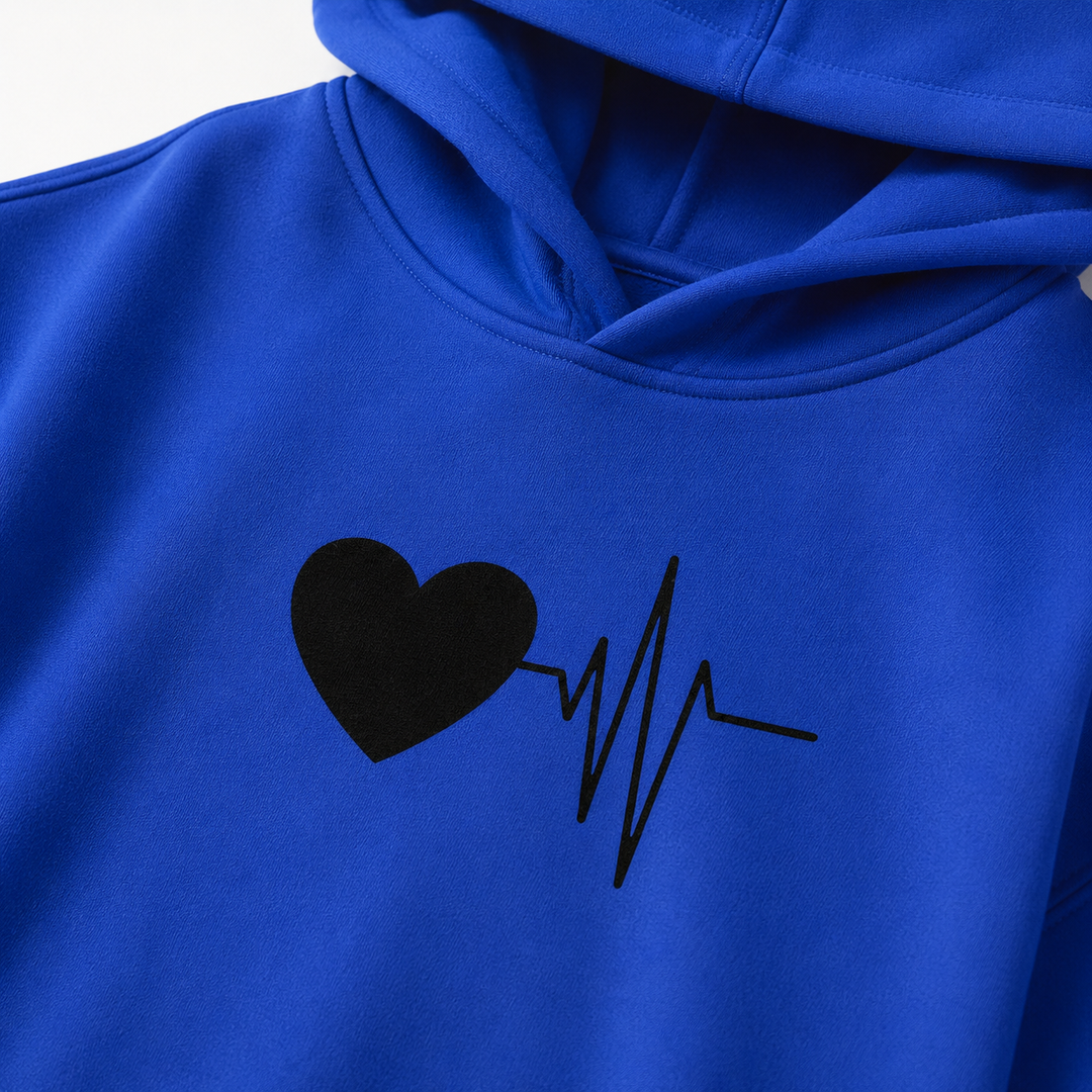 Royal Blue hoodie close-up showing black heartbeat heart graphic detail on the front of the garment clear shopping reference.