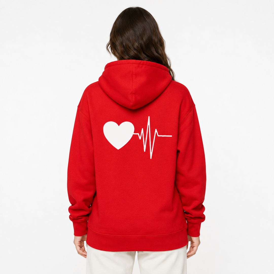 Red love hoodie back view on female model showing the plain rear and casual loose-fit silhouette shown for product selection.