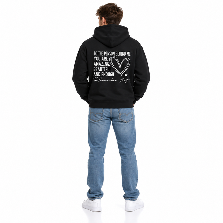 Unisex Love Letter hoodie Black on male model back view