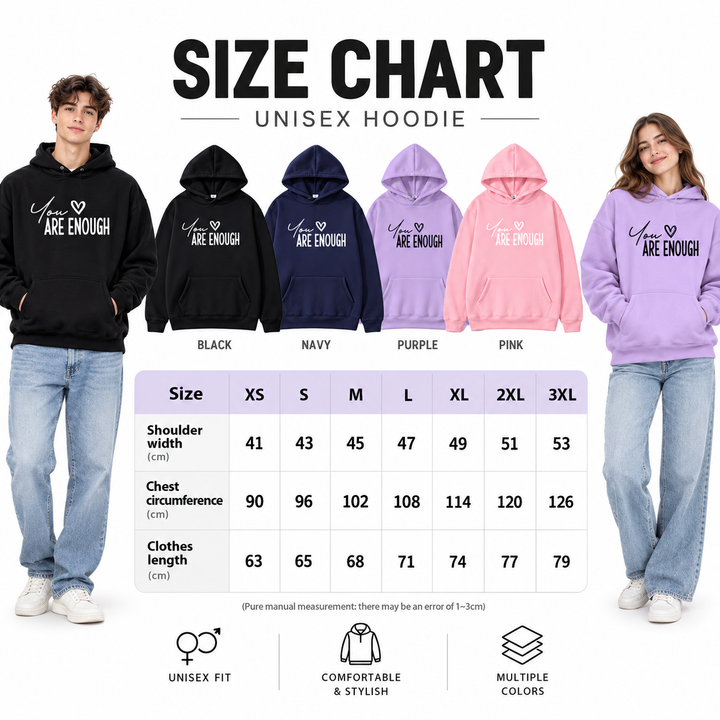 Unisex Love Letter hoodie size chart XS to 3XL