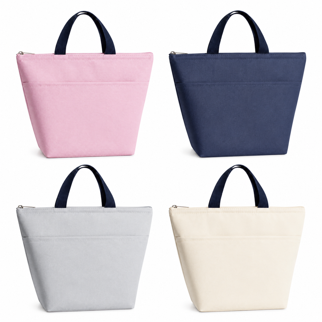 Four lunch tote color variants on white - soft pink, navy blue, light gray and beige - with matching dark navy handles detail